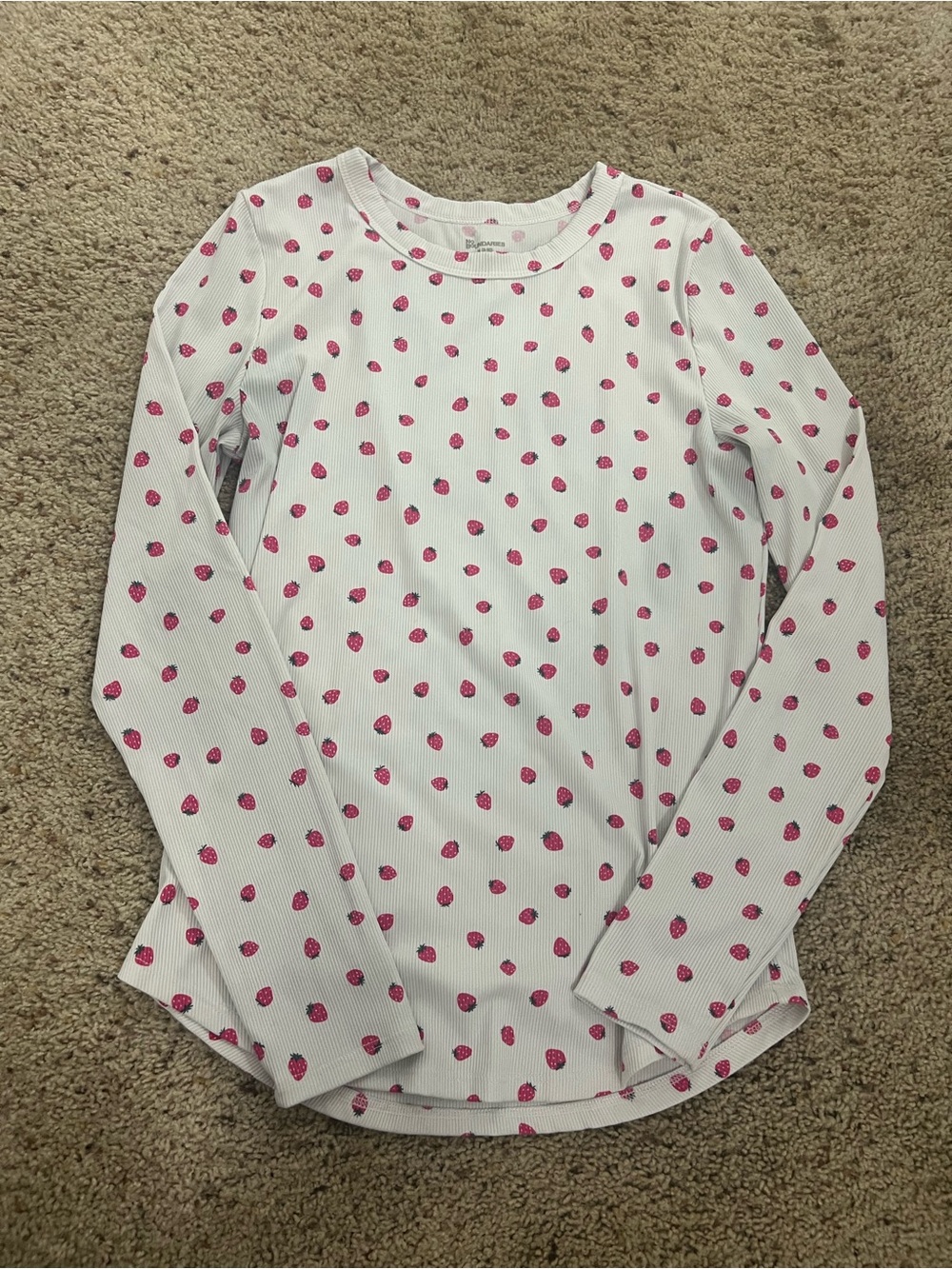 Women White Long-Sleeve Tee with Pink Strawberry Dots